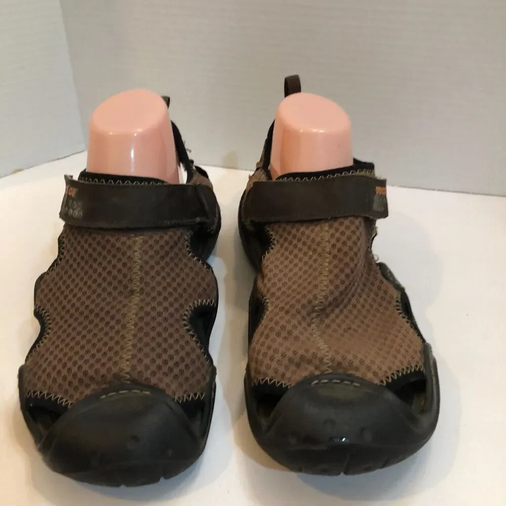 Crocs Mens Size 10 Brown Black Swiftwater Fisherman Mesh Deck Sandals Shoes